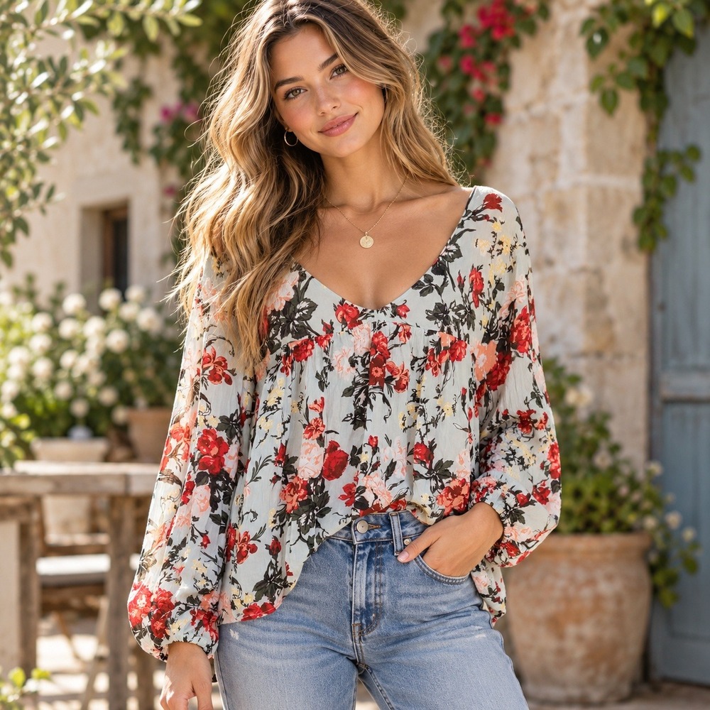 Abercrombie & Fitch Womens Floral Blouse V-Neck Long Sleeve Blue Red Large